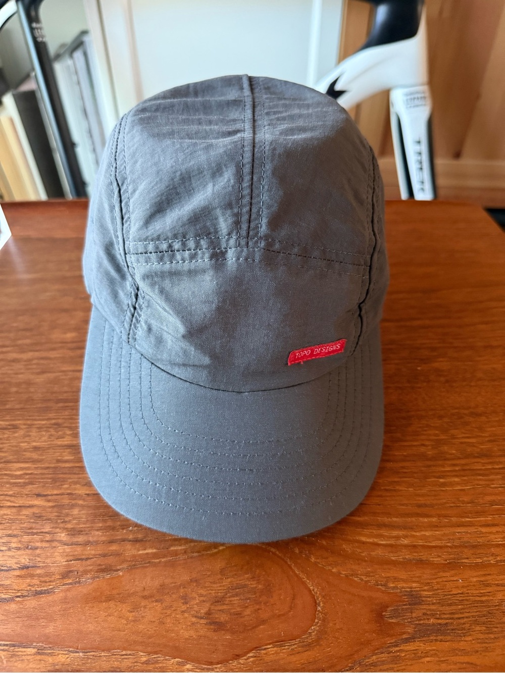 Topo Designs Gray Five-Panel Running Hat with Red Logo Patch